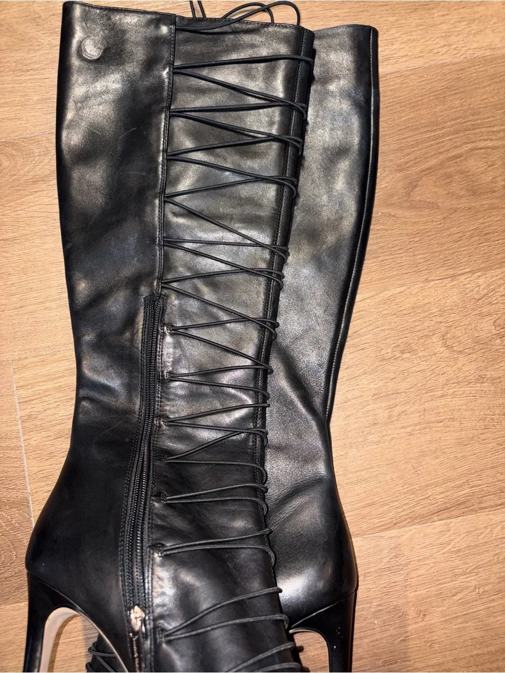 Vince Camuto Black Lace-Up Knee-High Peep-Toe Stiletto Boot (Kendra)